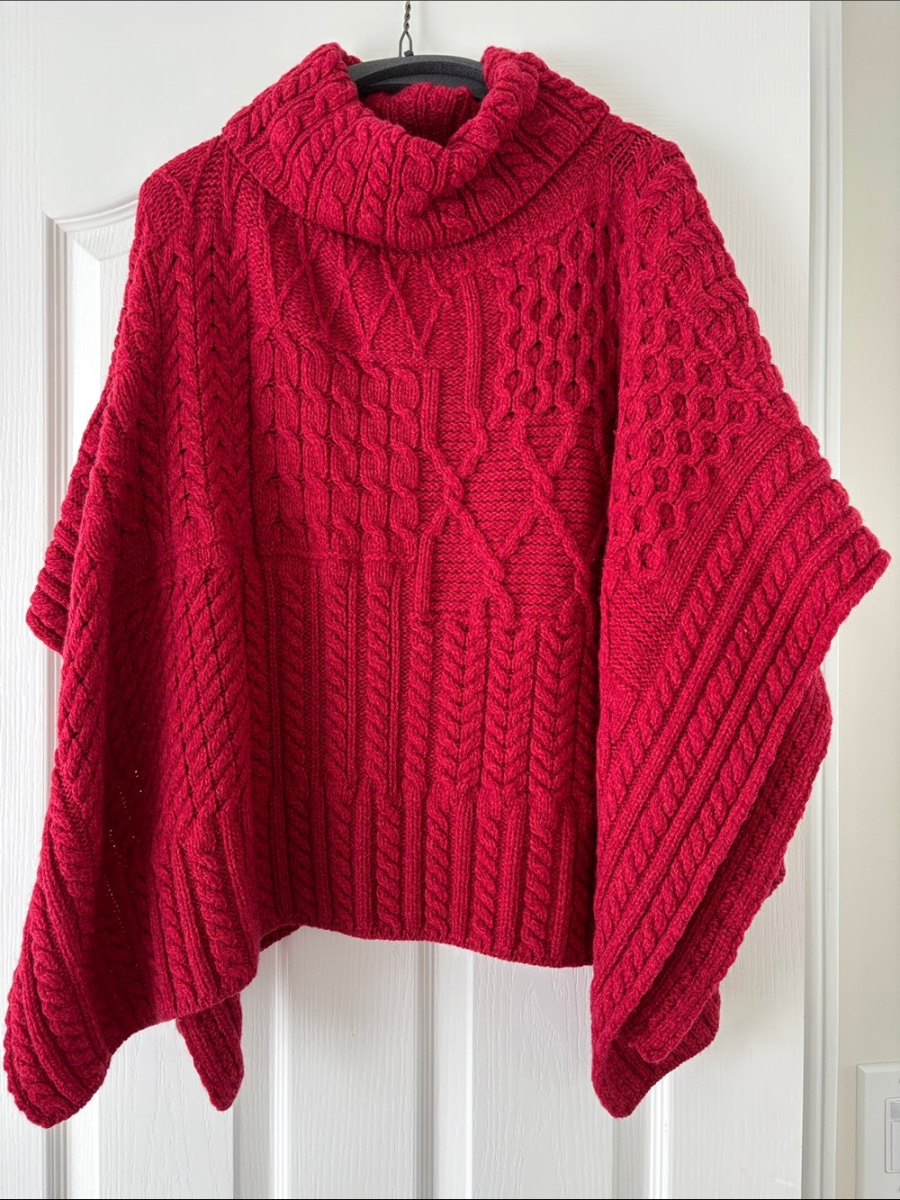 Women's Red Cable-Knit Turtleneck Poncho Sweater